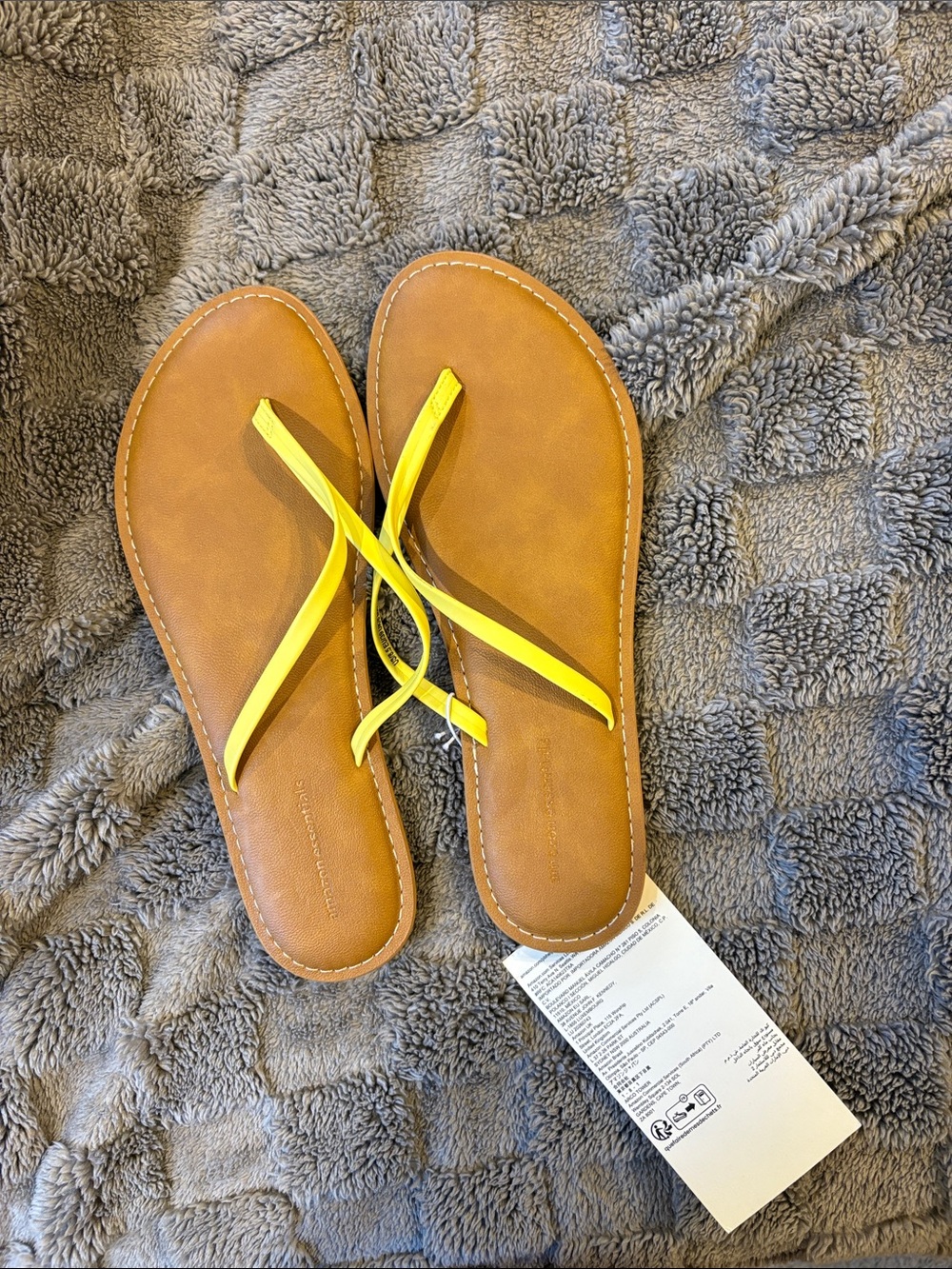 Tan Leather-Look Flip Flops with Yellow Straps
